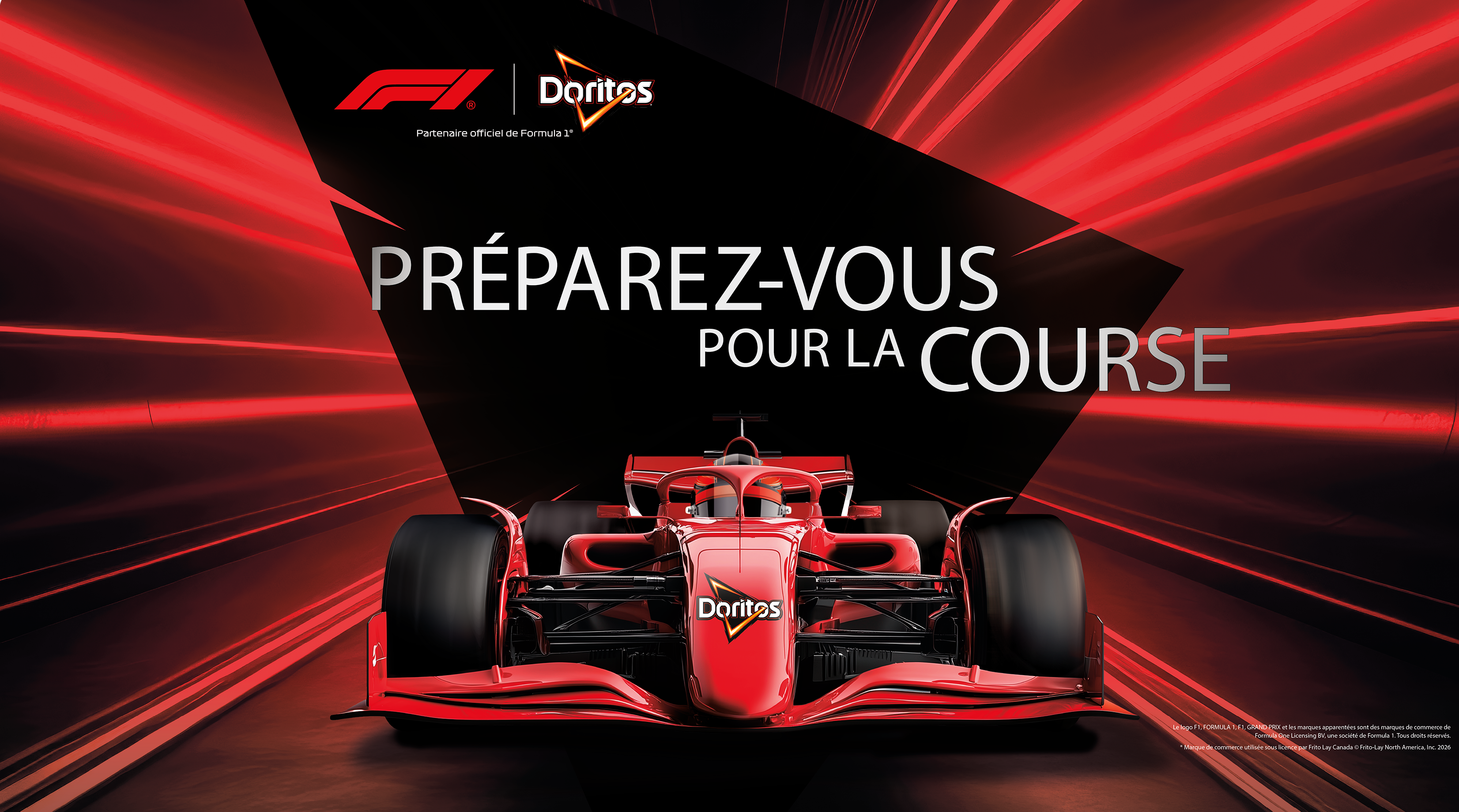 Voiture de Formule 1 avec logo Doritos sur un fond rouge dynamique, avec le slogan « Get Race Ready » et le logo officiel partenaire de F1 affiché.